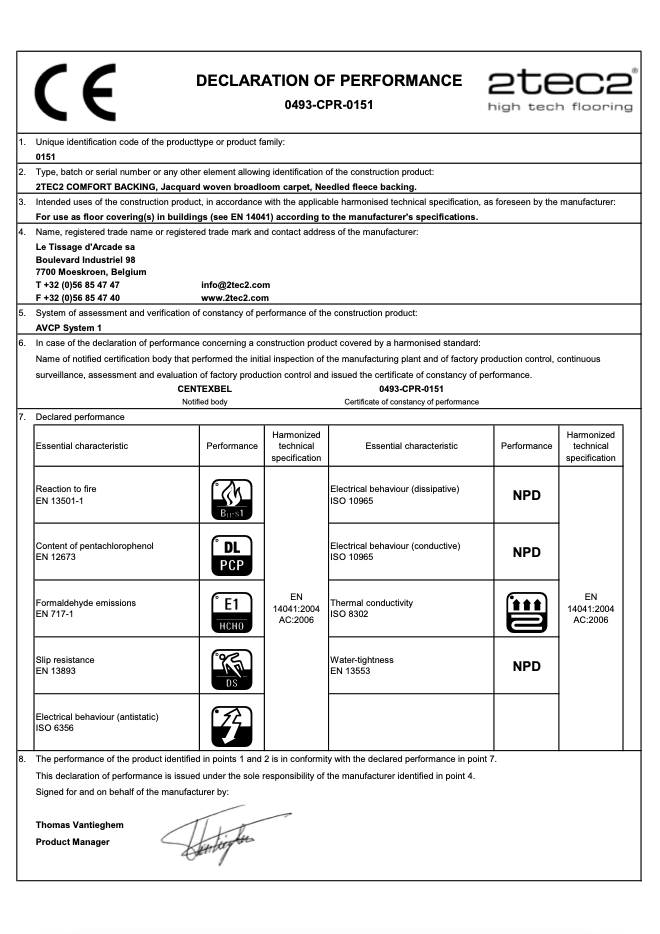 Decleration of Performance - Confort Backing